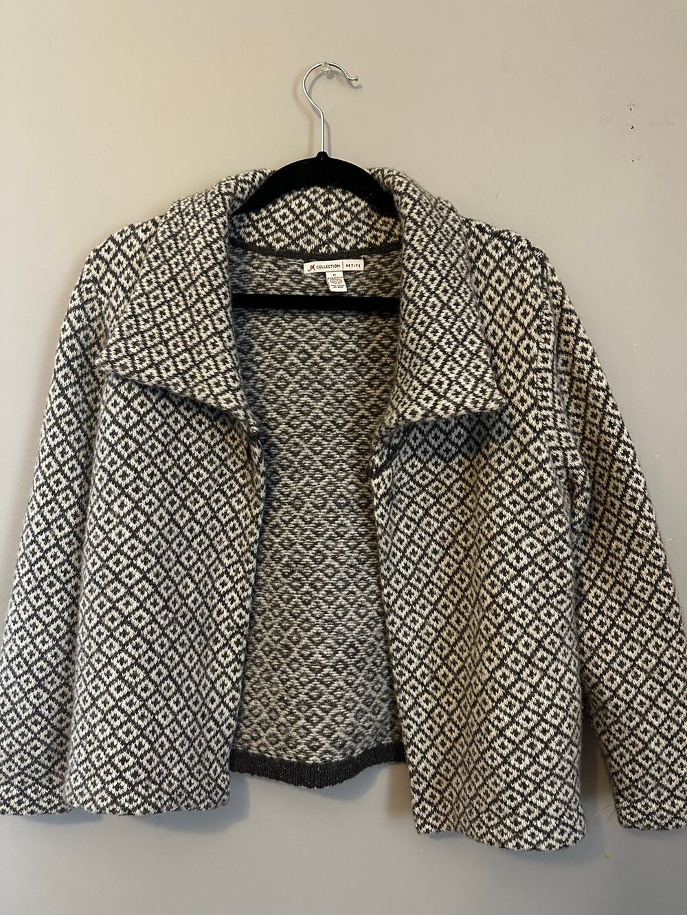 JM Collection Petite M Patterned Knit Cardigan Black Cream Geometric